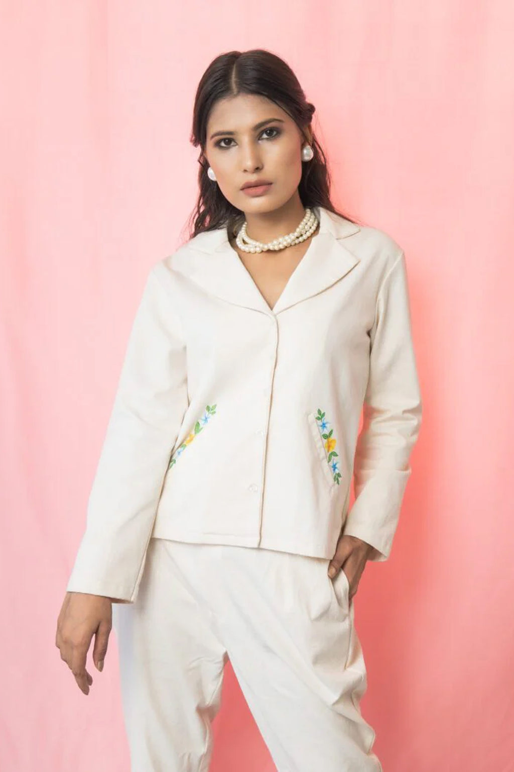 Flamingo handpainted ivory co-ord set