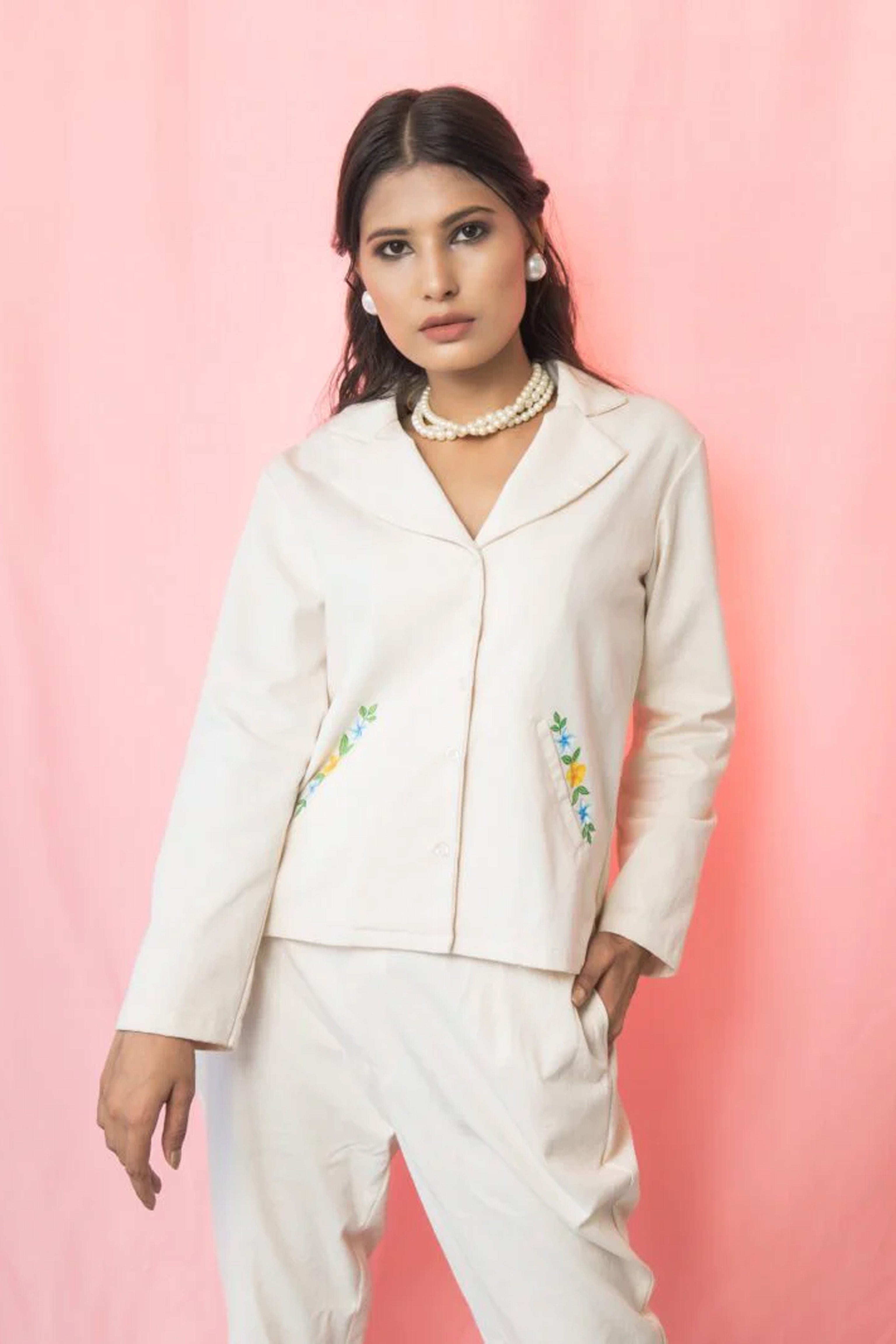 Flamingo handpainted ivory co-ord set