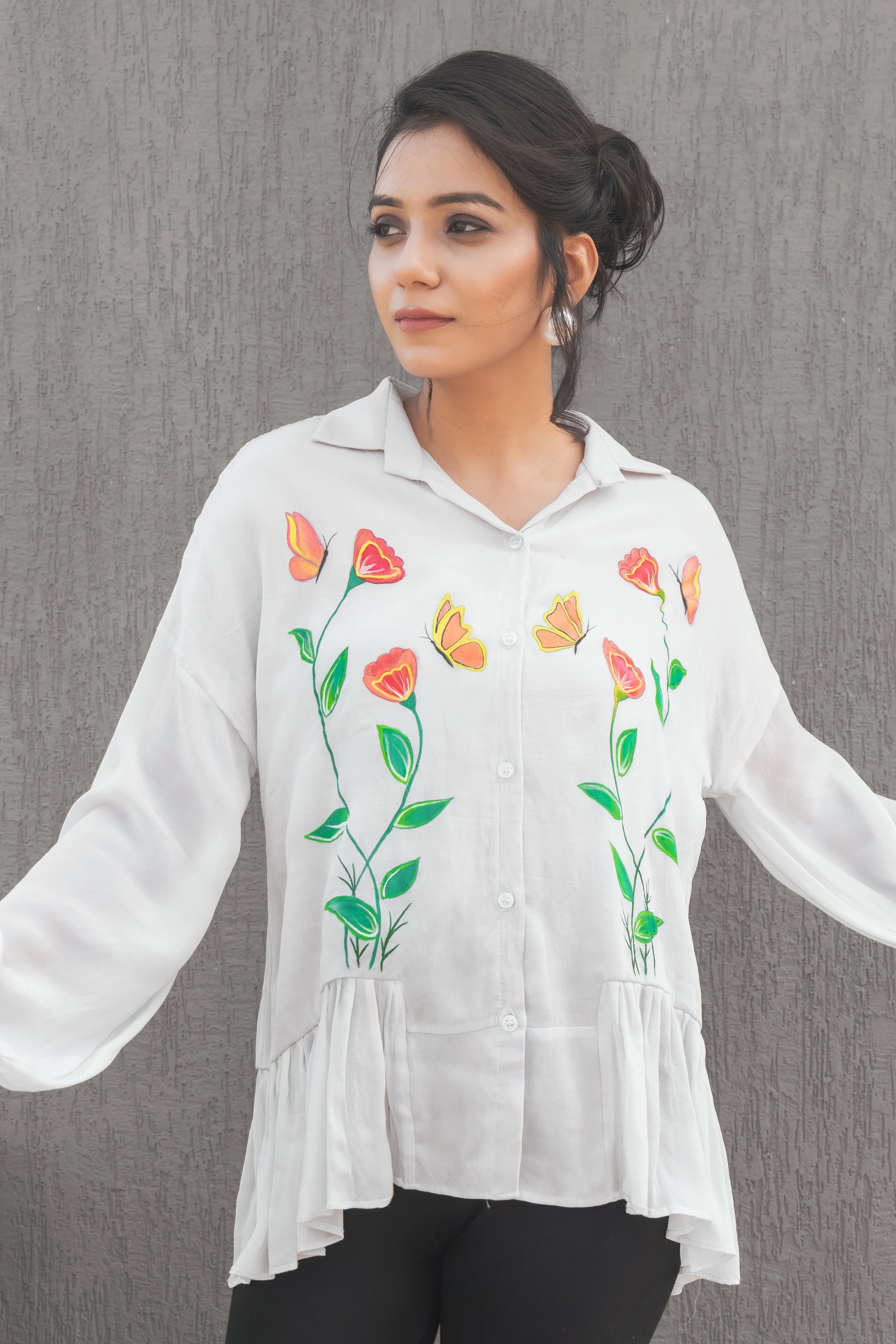 Hand painted floral motif grey shirt