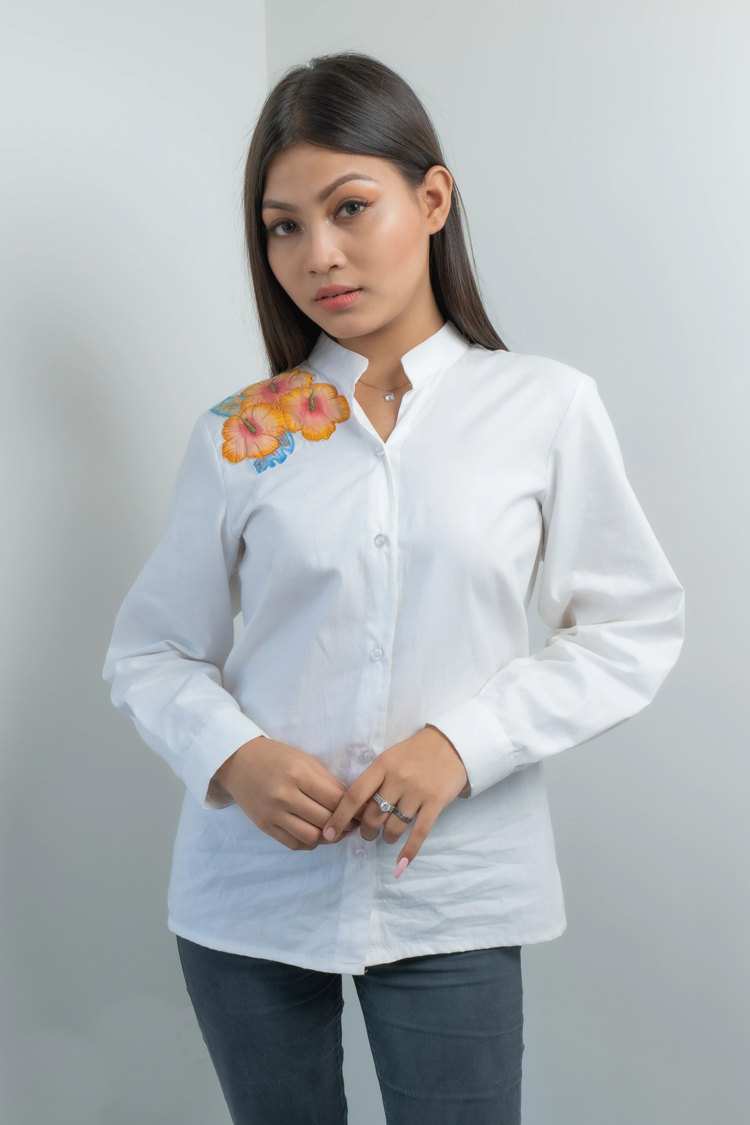 Hand painted floral patch shirt