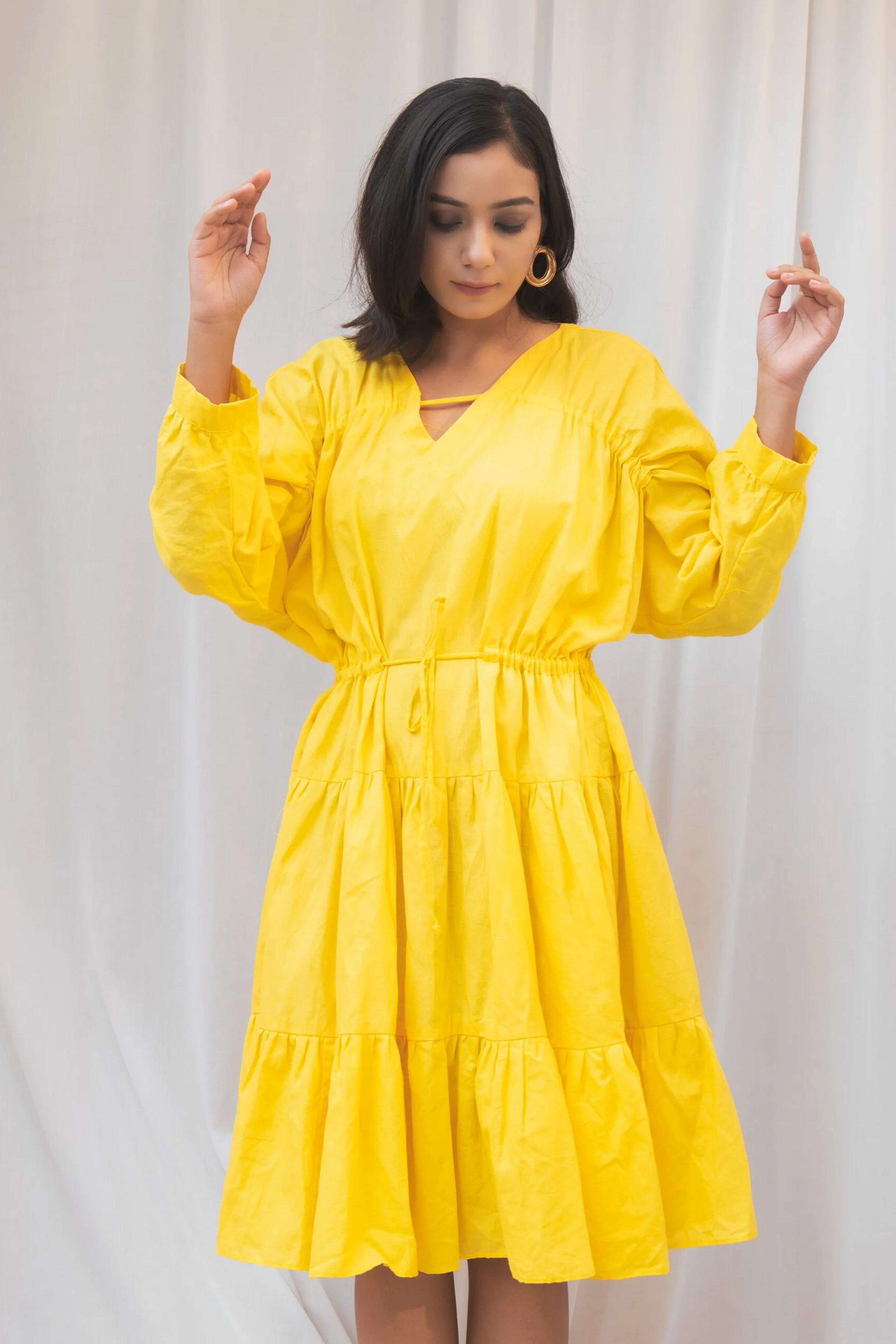 Mango Dress- Yellow V-neck gather dress