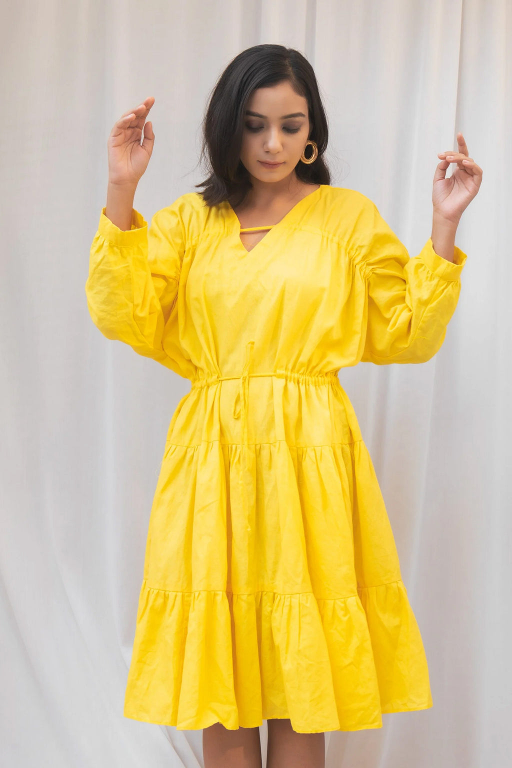 Mango Dress- Yellow V-neck gather dress