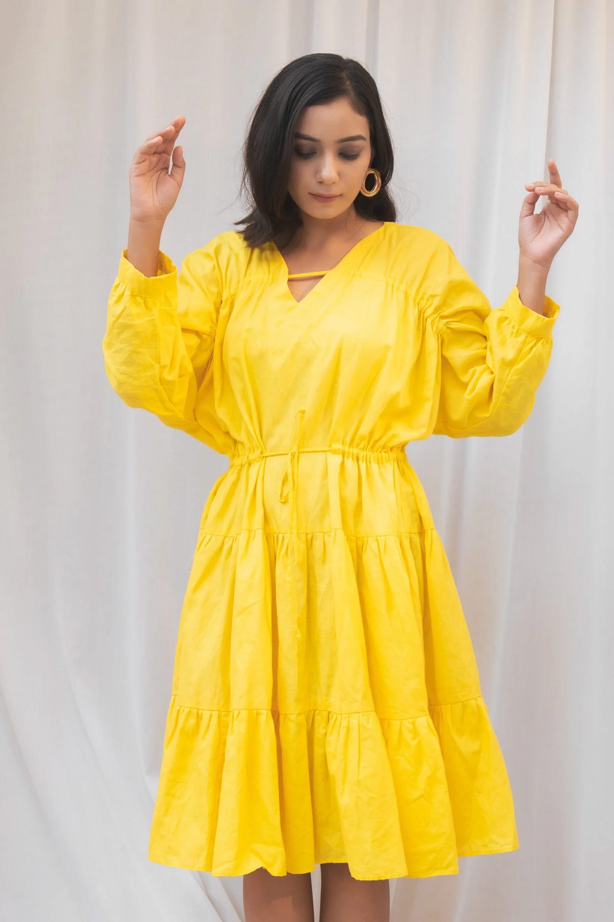 Mango Dress- Yellow V-neck gather dress