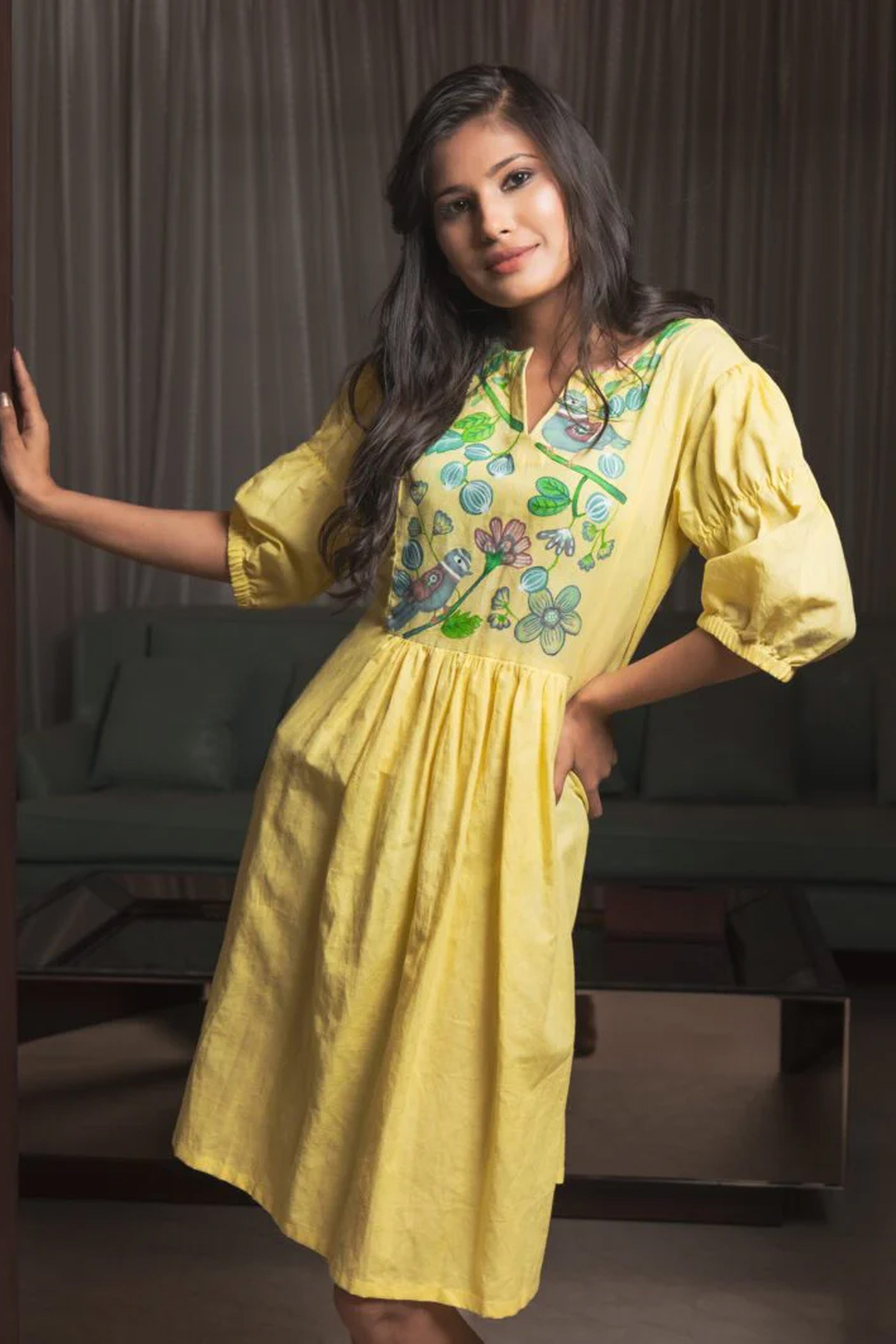 Handpainted bird motif dress