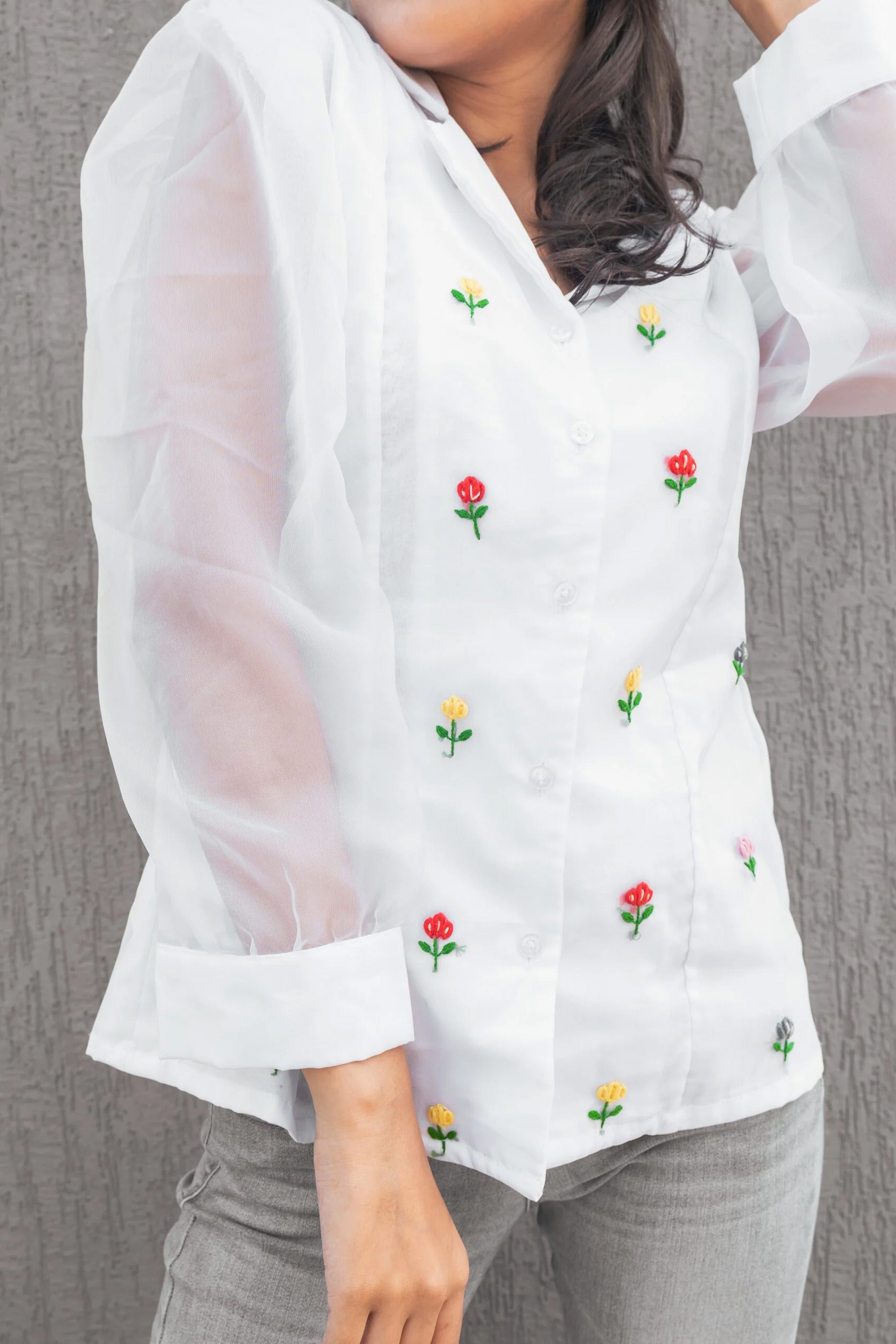 Hand embroidered floral motif organza shirt