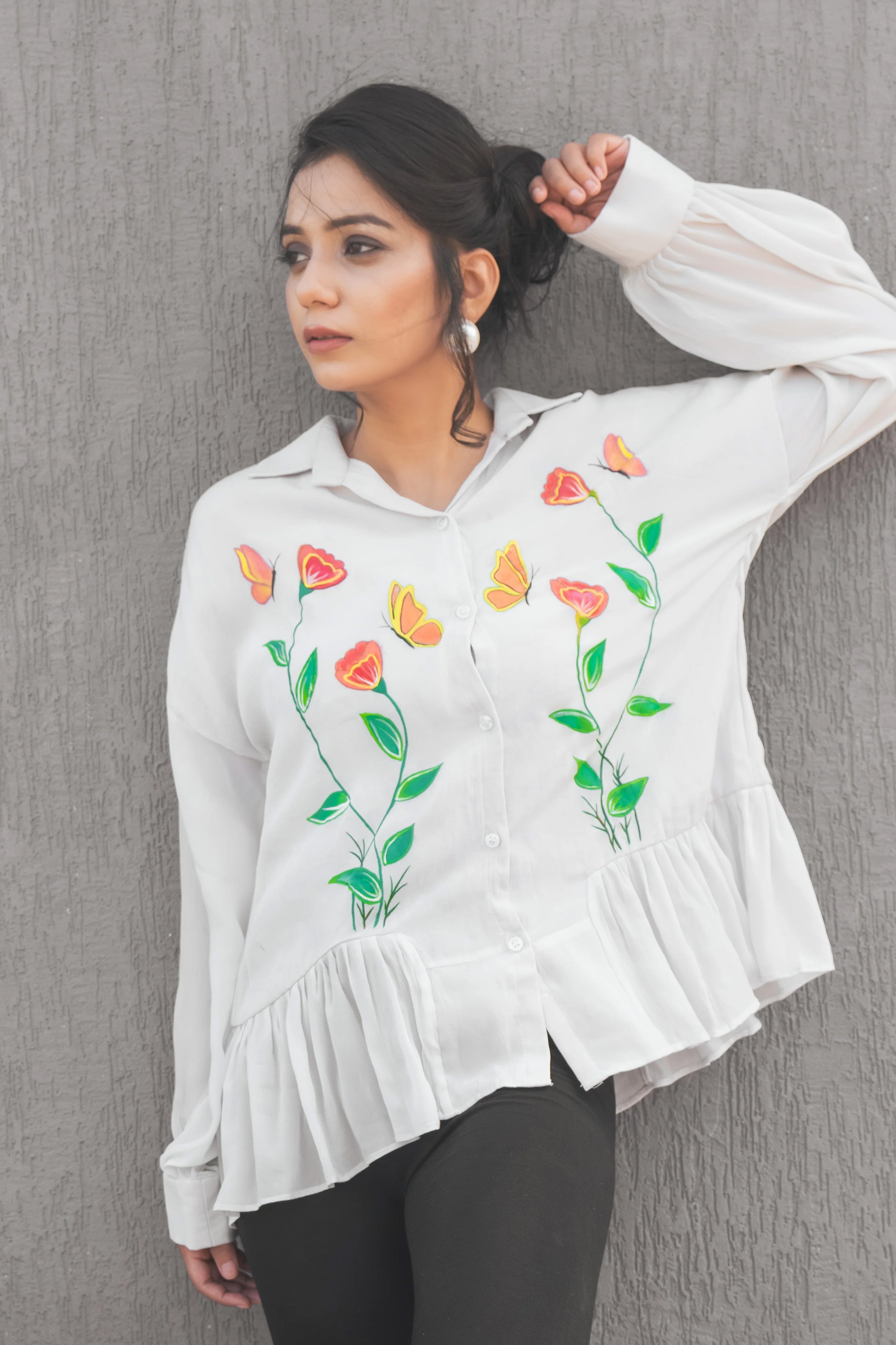 Hand painted floral motif grey shirt
