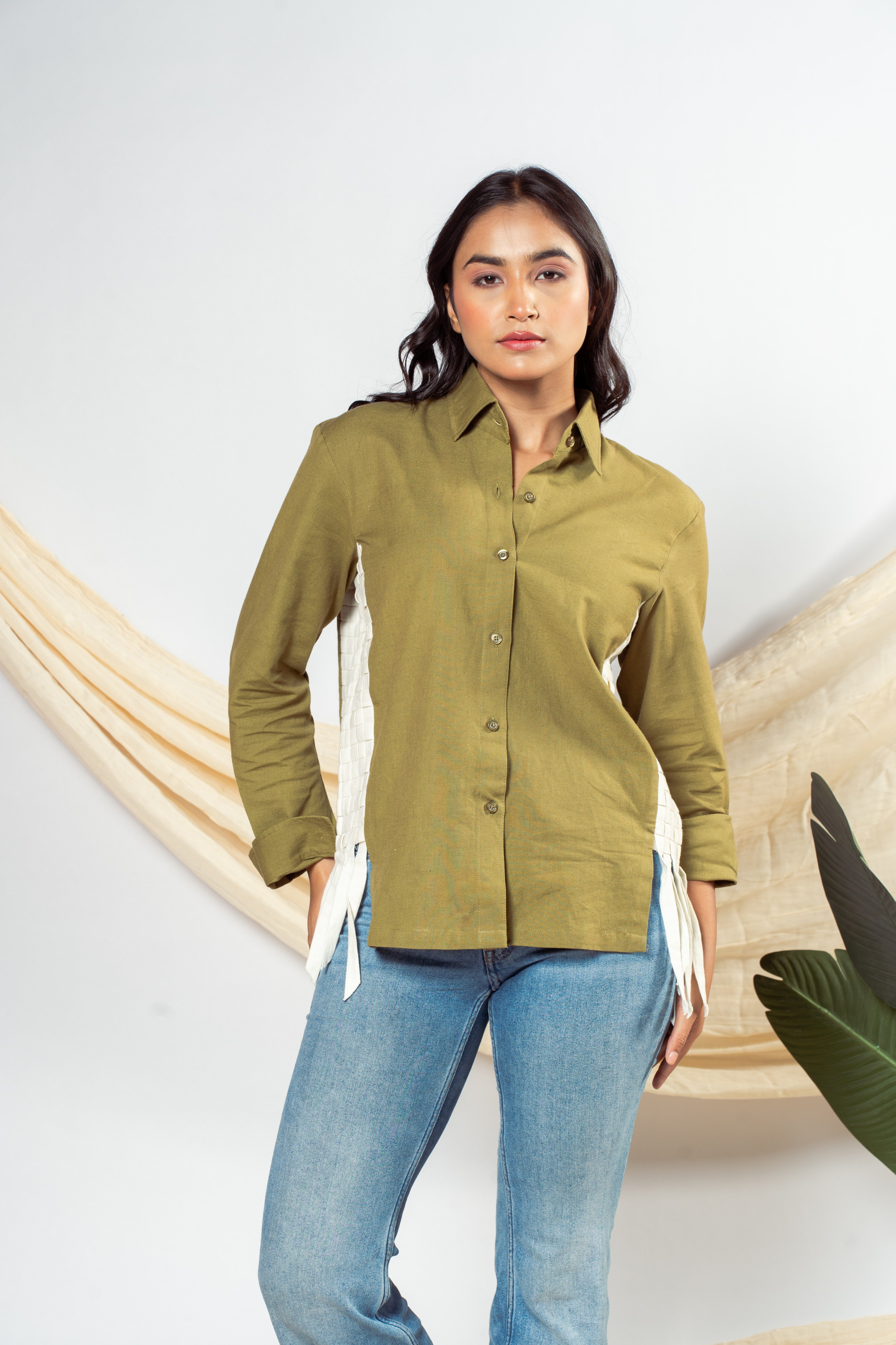 Olive Grid Linen Shirt