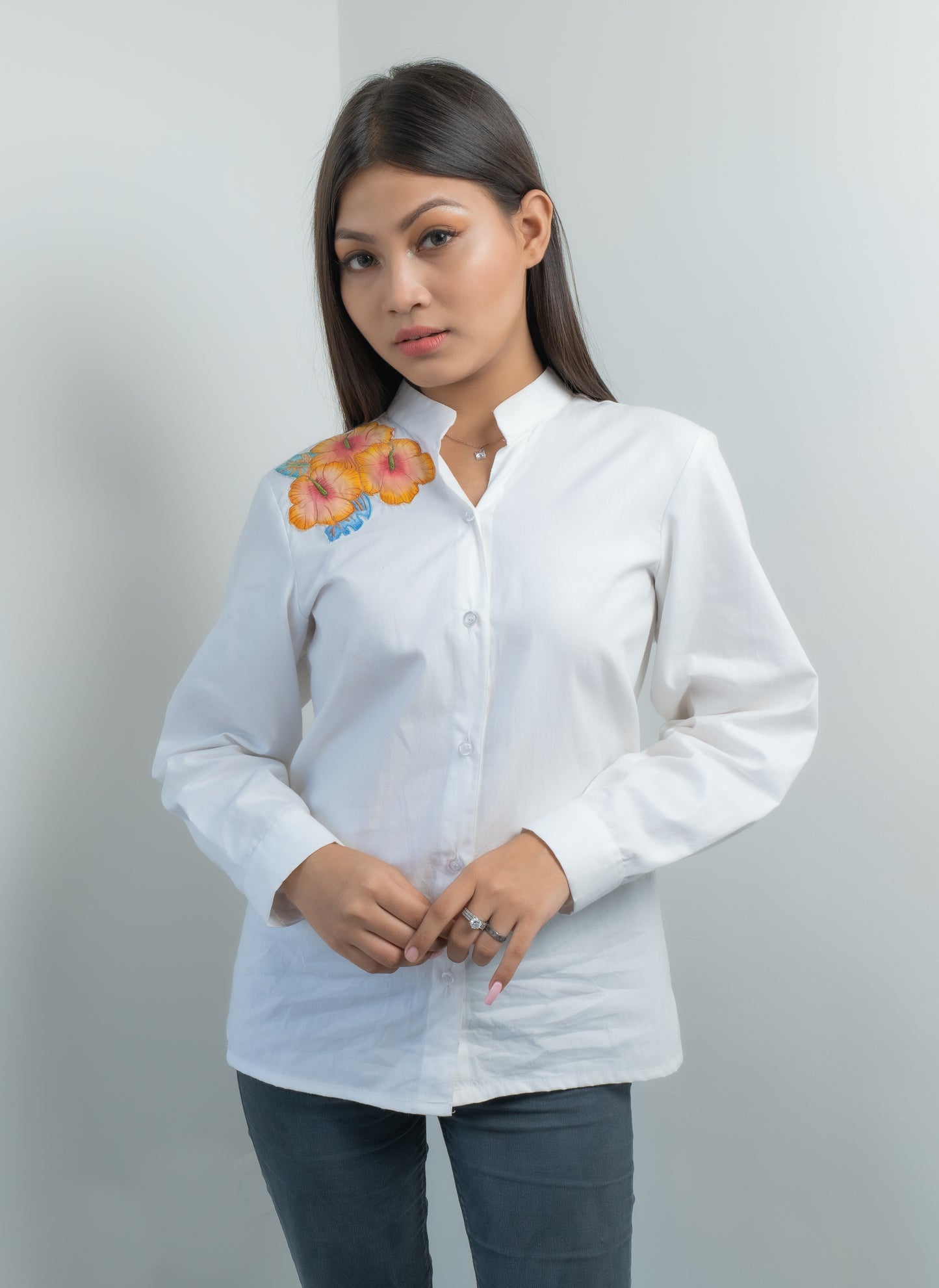 Hand painted floral patch shirt