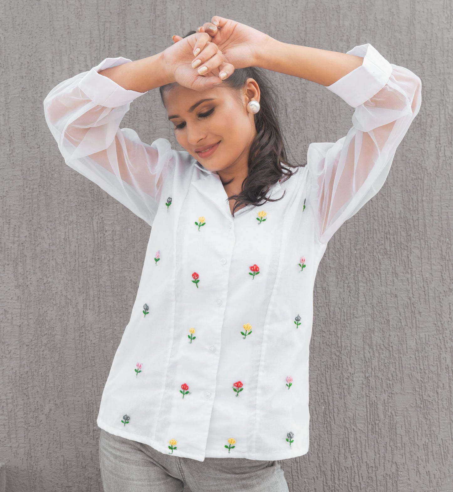 Hand embroidered floral motif organza shirt