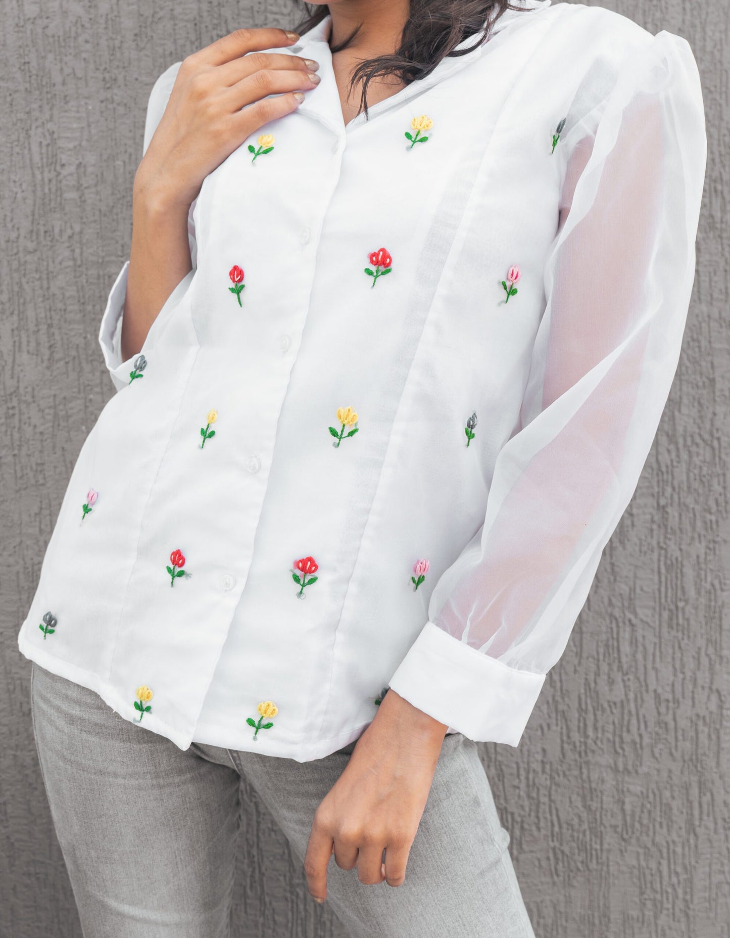 Hand embroidered floral motif organza shirt