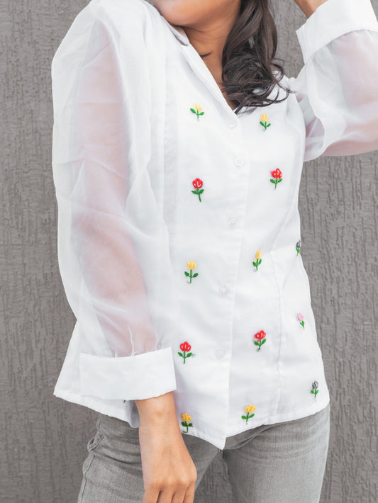 Hand embroidered floral motif organza shirt