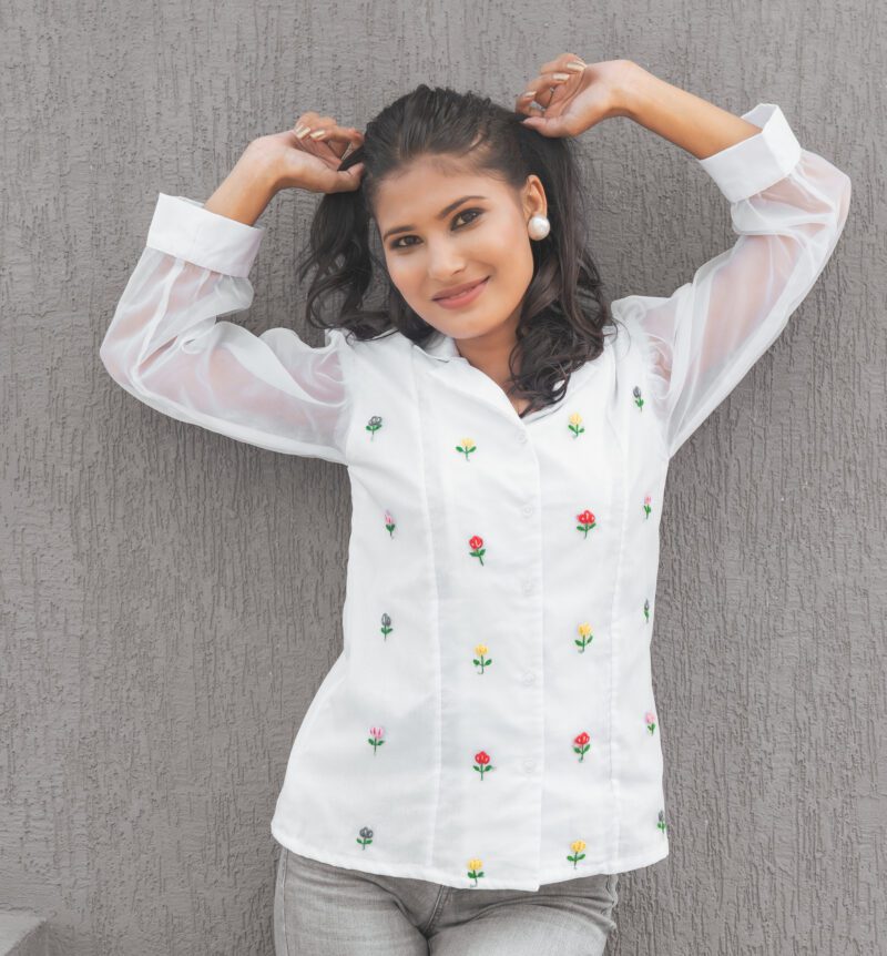 Hand embroidered floral motif organza shirt