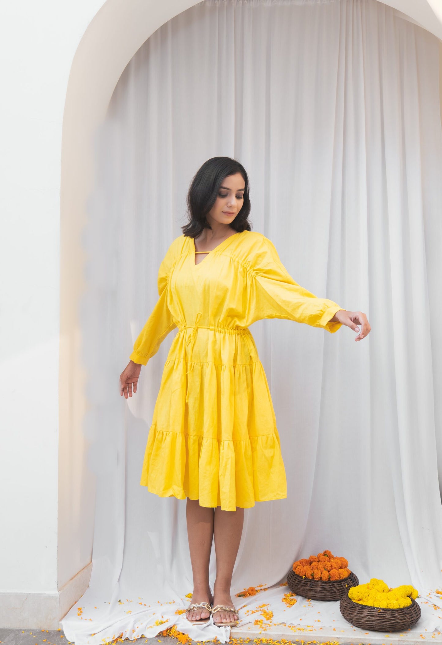 Mango Dress- Yellow V-neck gather dress