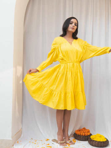 Mango Dress- Yellow V-neck gather dress