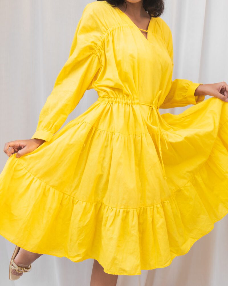 Mango Dress- Yellow V-neck gather dress