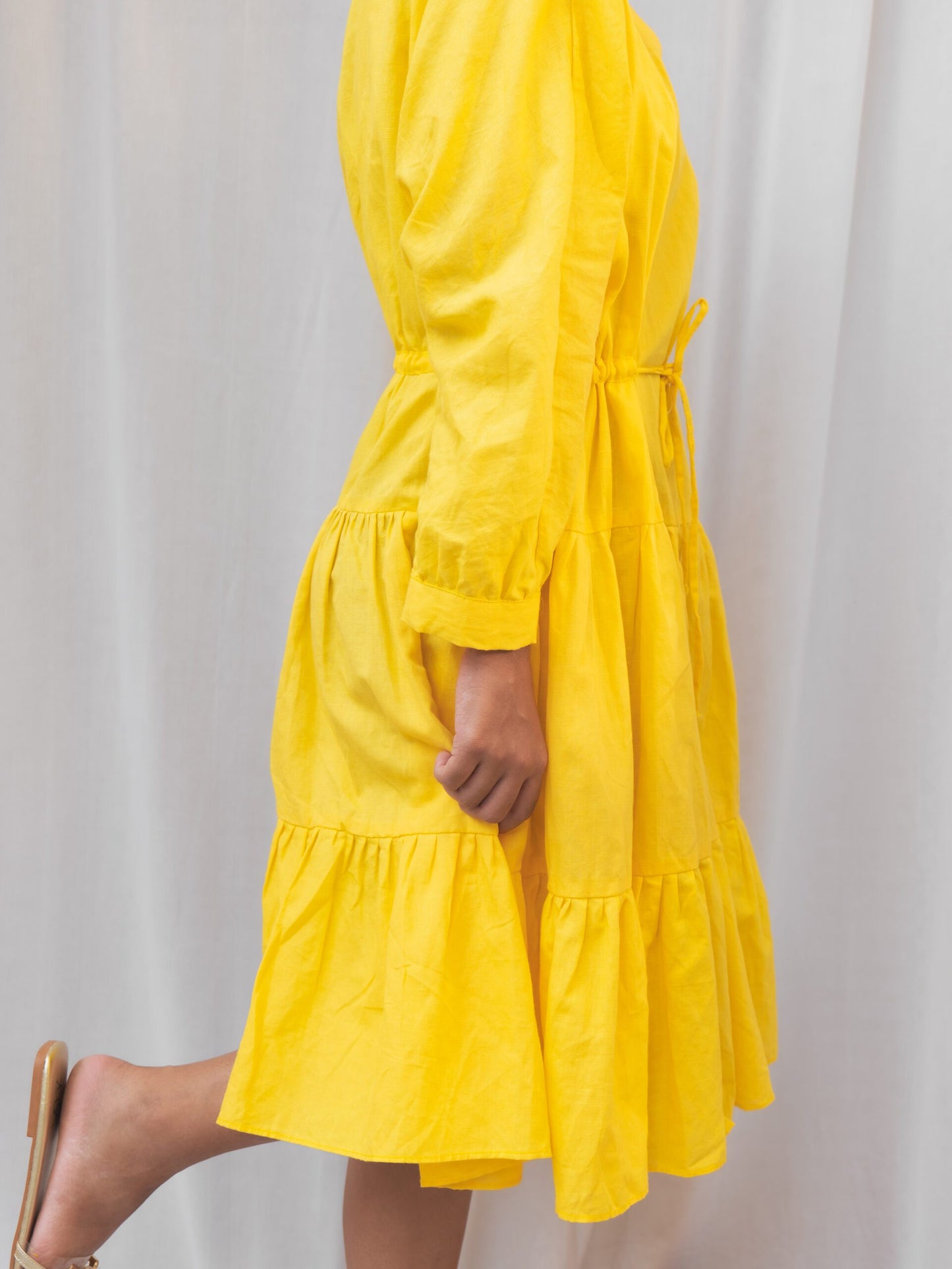 Mango Dress- Yellow V-neck gather dress