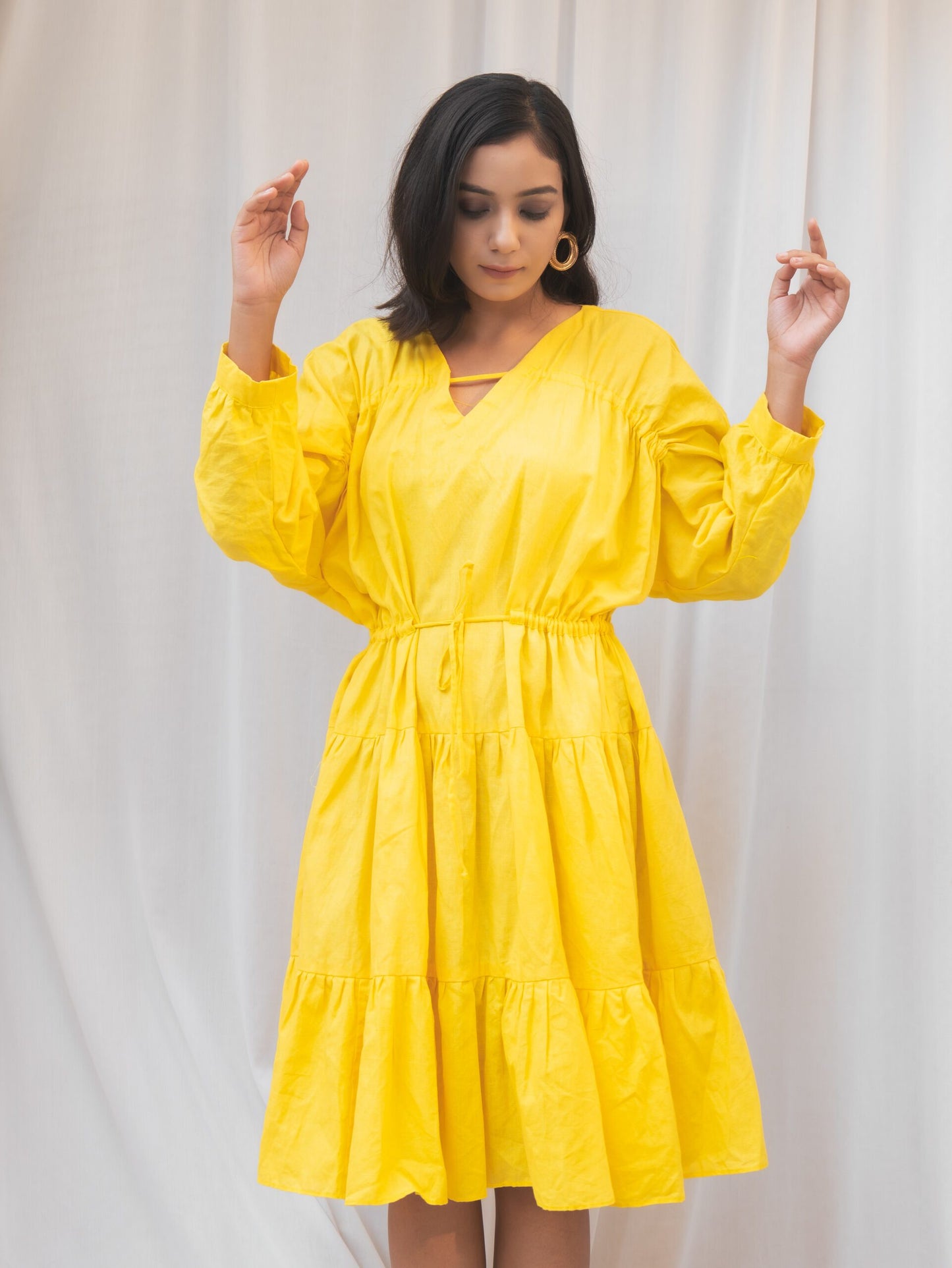 Mango Dress- Yellow V-neck gather dress