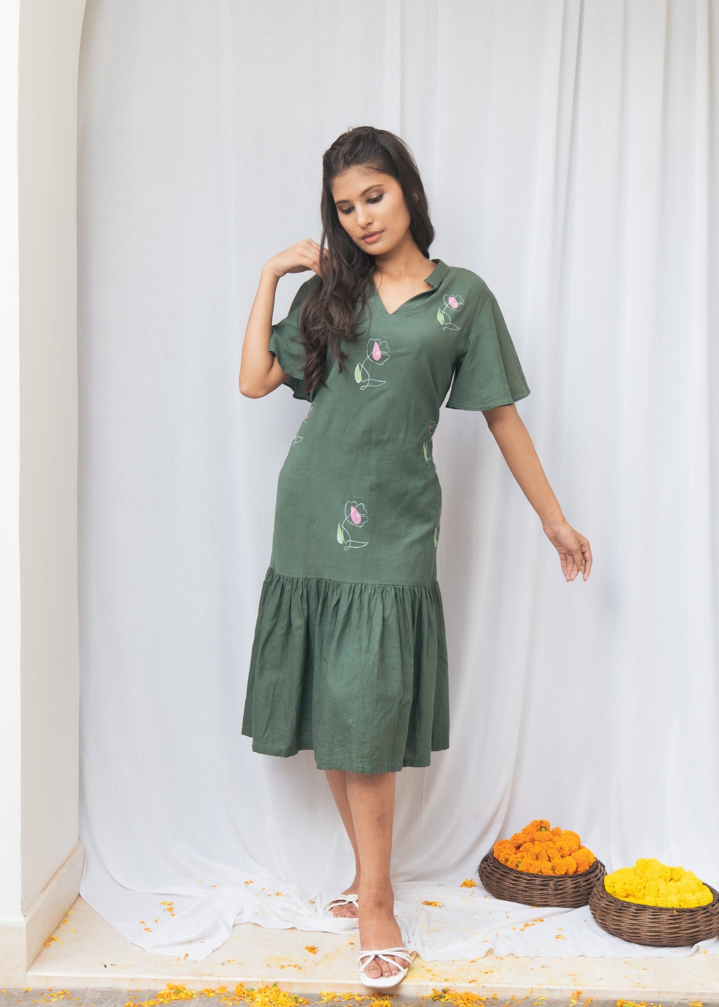 Handpainted rose motif flowy dress